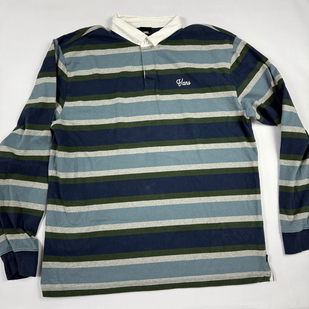 Vans Mens XL Rugby Shirt Long Sleeve Striped Polo Blue Green Classic Fit Cotton